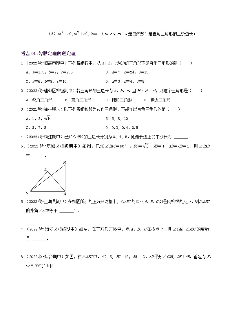 苏科版八年级数学上册同步考点必刷练精编讲义必刷基础练【3.2勾股定理的逆定理】(原卷版+解析)02