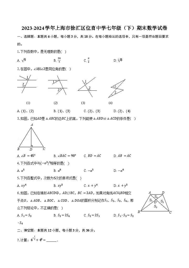 2023-2024学年上海市徐汇区位育中学七年级（下）期末数学试卷（含答案）01