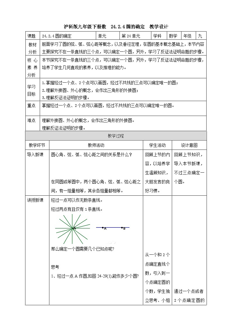 【核心素养目标】沪科版数学九年级下册24.2.4《圆的确定》  教学设计第1页