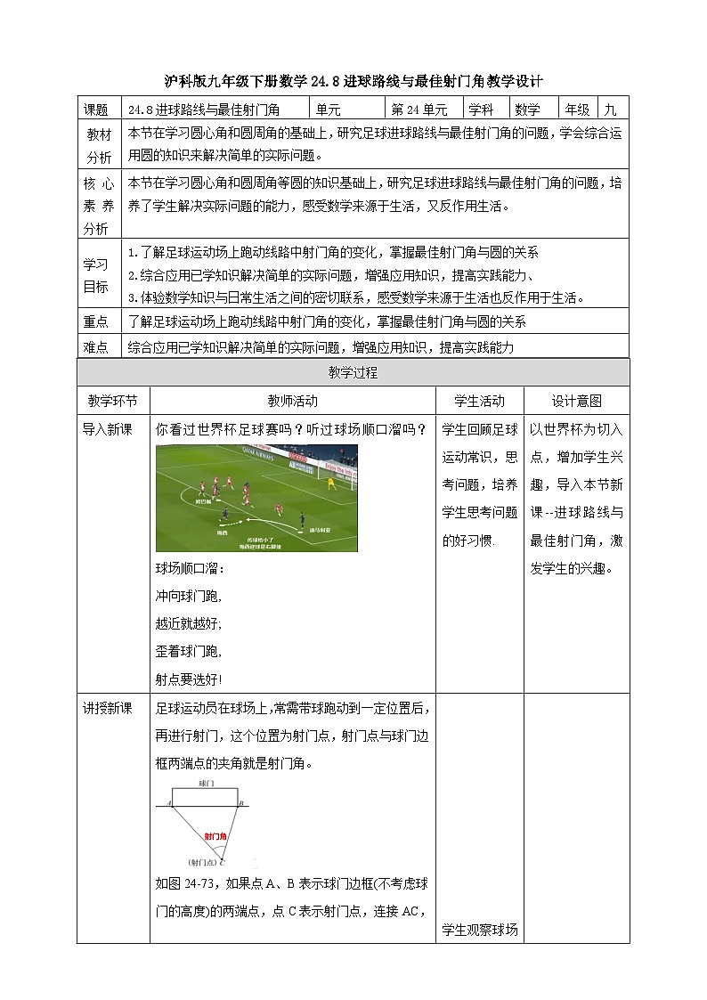 【核心素养目标】沪科版数学九年级下册24.8《进球路线与最佳射门角》 教学设计第1页