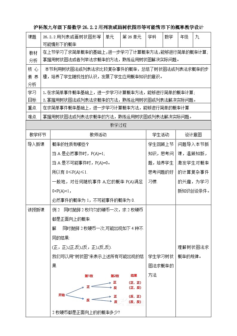 【核心素养目标】沪科版数学九年级下册26.2.2《用列表画或画树状图形等可能情形下的概率》 课件+教案01