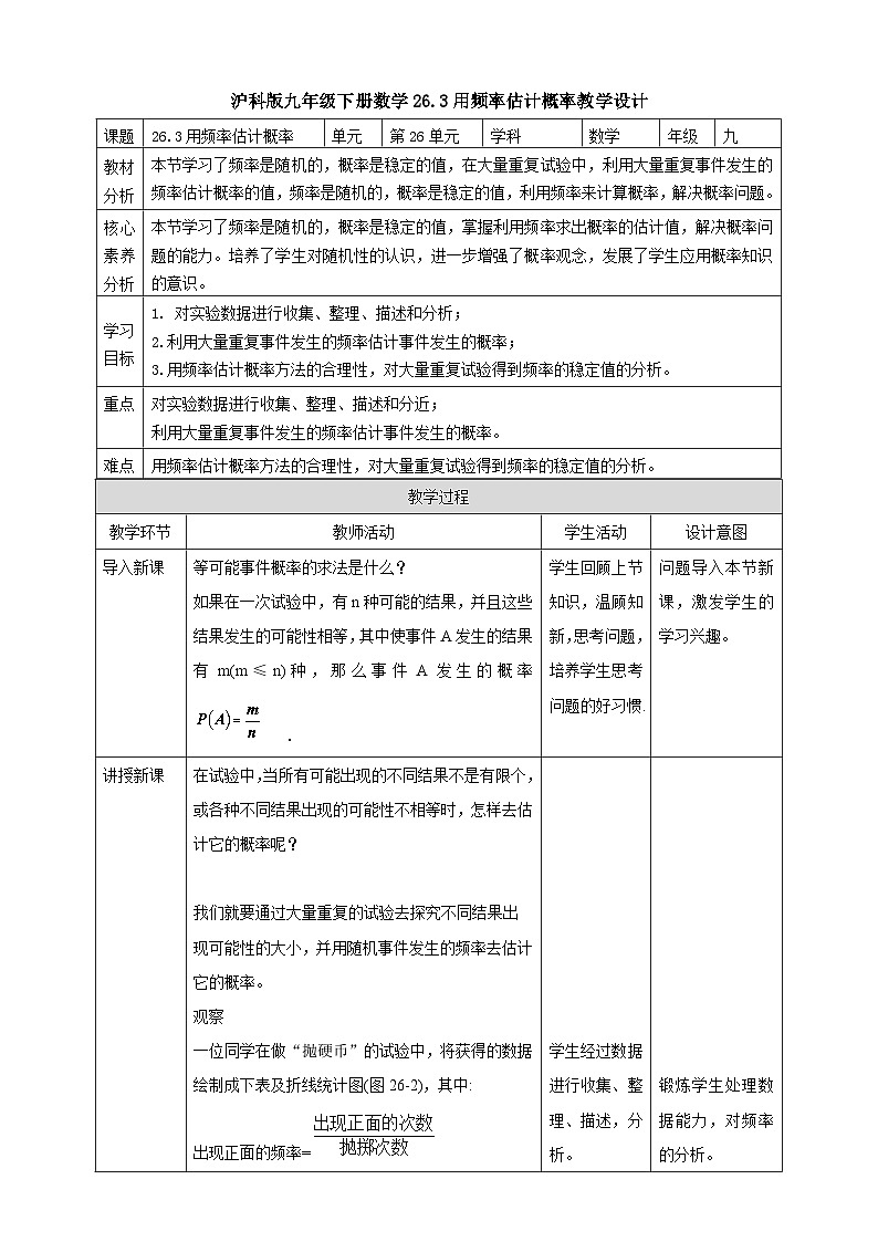 【核心素养目标】沪科版数学九年级下册26.3《用频率估计概率》 课件+教案01