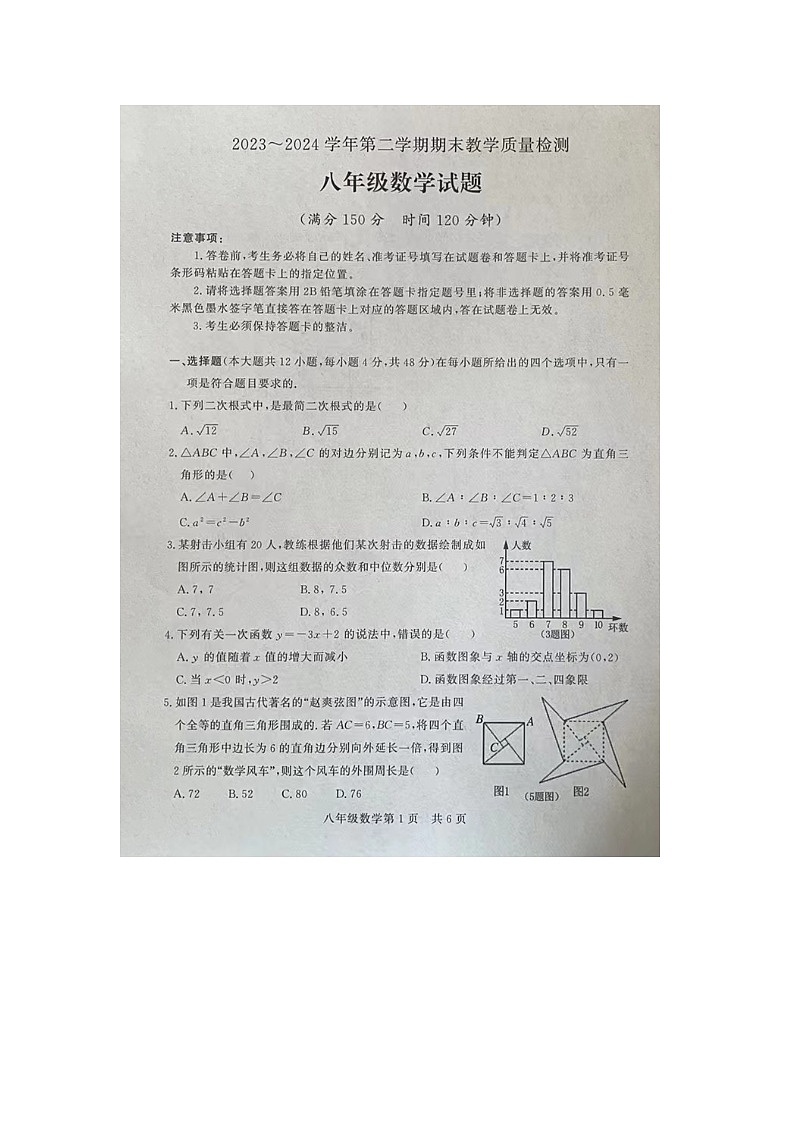山东省德州市禹城市2023-2024学年下学期期末考试八年级数学试题01
