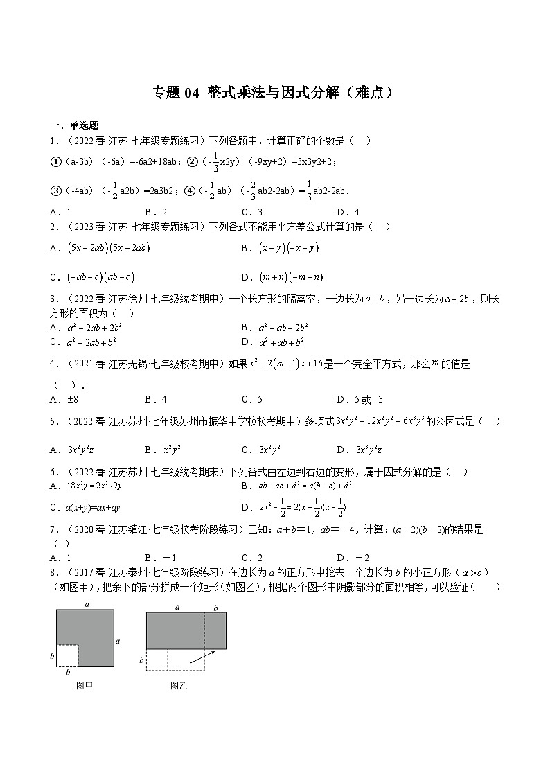 苏科版七年级数学下册满分冲刺卷专题04整式乘法与因式分解(难点)(原卷版+解析)01