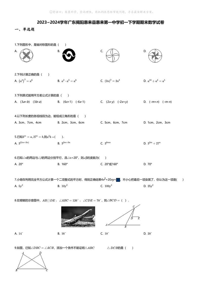[数学][期末]2023~2024学年广东揭阳惠来县惠来第一中学初一下学期期末数学试卷(无答案)第1页