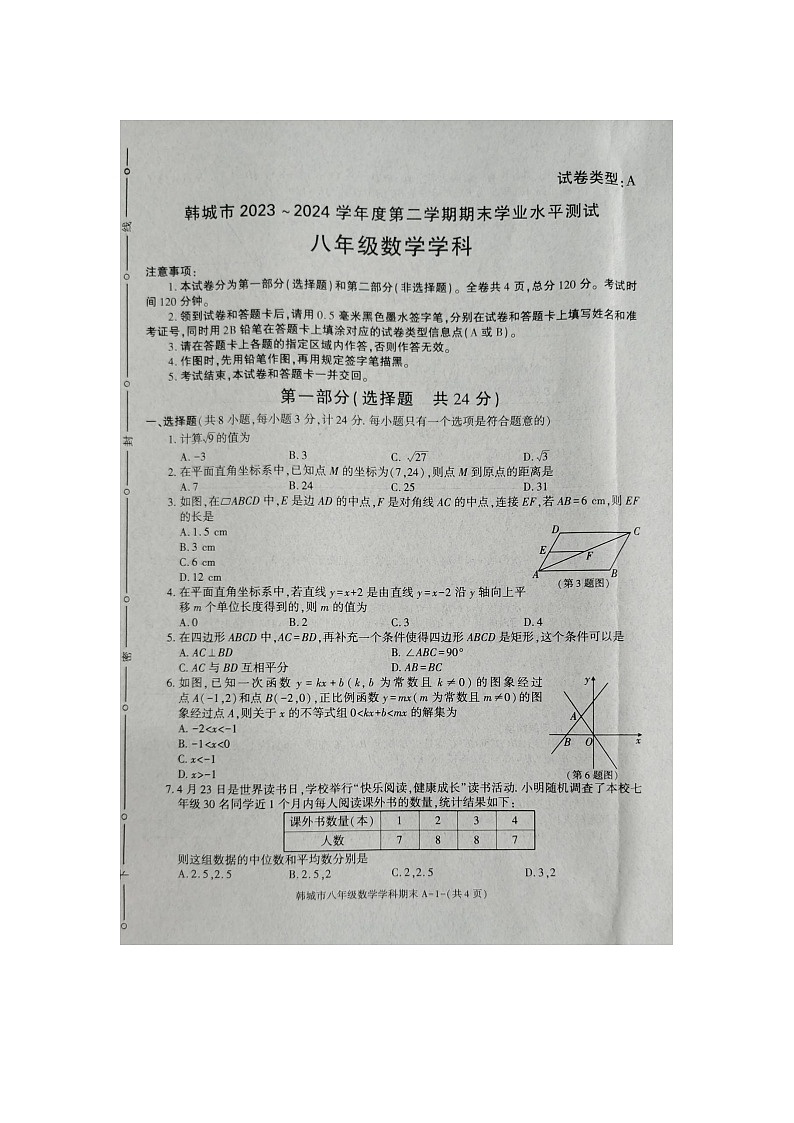 陕西省渭南市韩城市2023-2024学年下学期八年级数学期末学业水平检测试题01