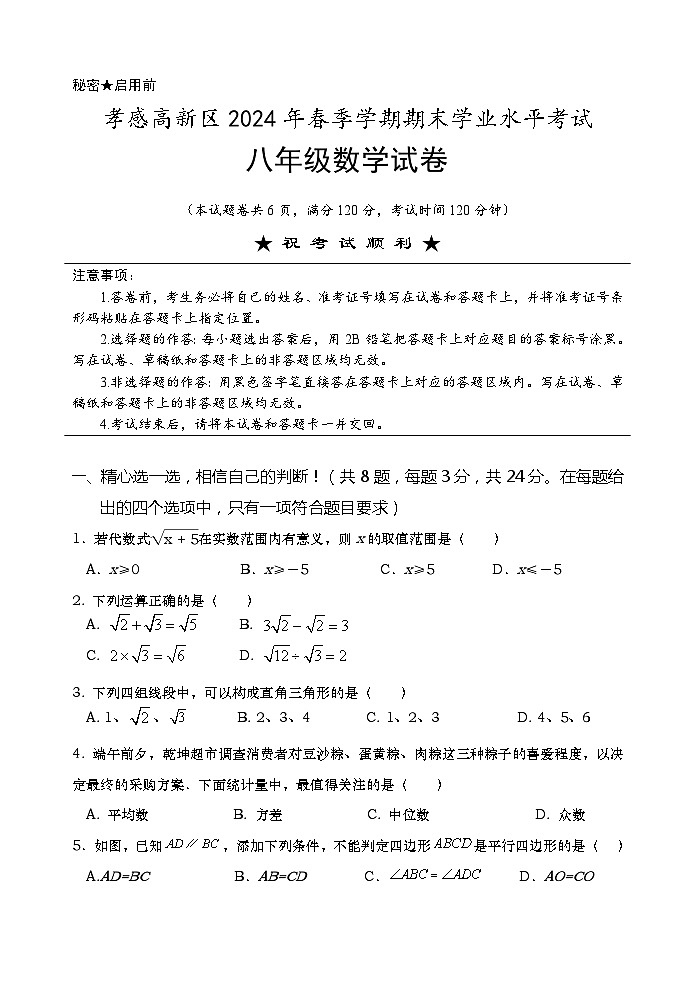 湖北省孝感市高新区2023-2024学年八年级下学期期末数学试卷01