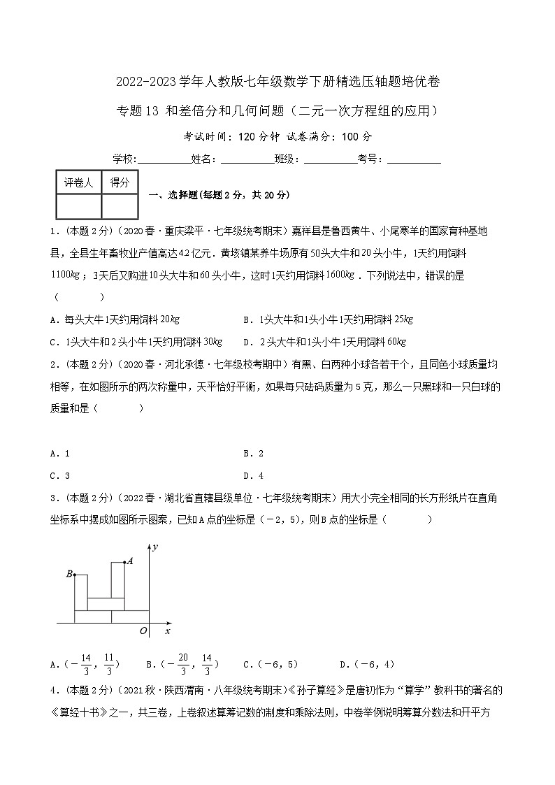 人教版七年级数学下册精选压轴题汇编培优卷专题13和差倍分和几何问题(二元一次方程组的应用)(原卷版+解析)第1页
