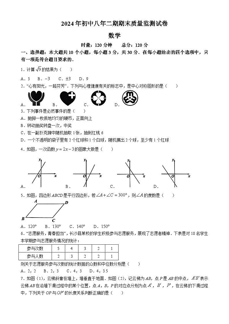 湖南省长沙市长沙县2023-2024学年八年级下学期期末数学试题(无答案)第1页