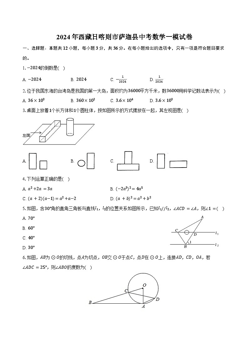 2024年西藏日喀则市萨迦县中考数学一模试卷（含答案）01