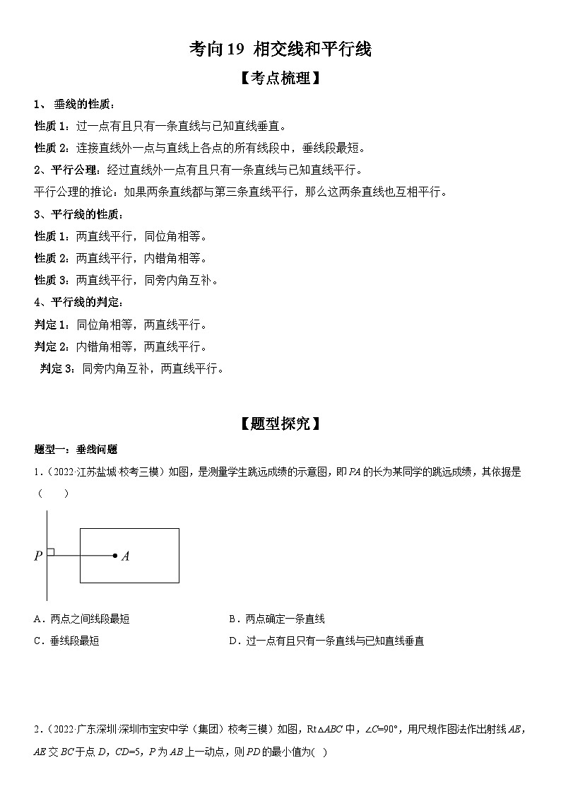 中考数学一轮复习考点微专题（全国通用）考向19 相交线和平行线（附答案）01