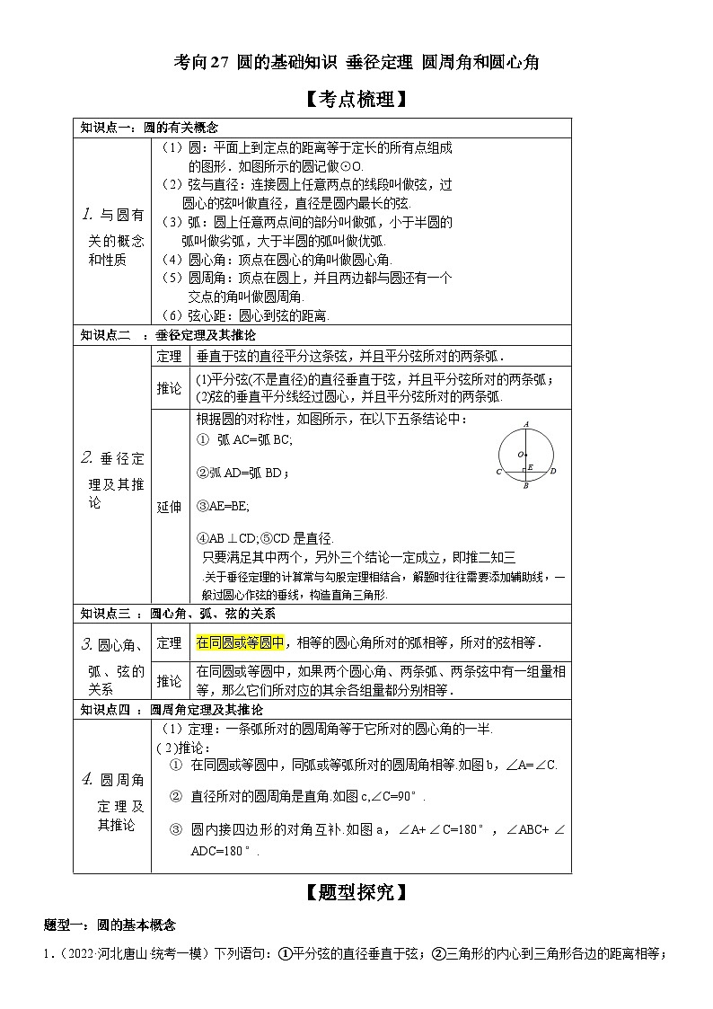 中考数学一轮复习考点微专题（全国通用）考向27 圆的基础知识 垂径定理 圆周角和圆心角（附答案）01