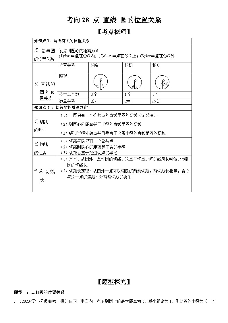 中考数学一轮复习考点微专题（全国通用）考向28 点、直线、圆的位置关系（附答案）01