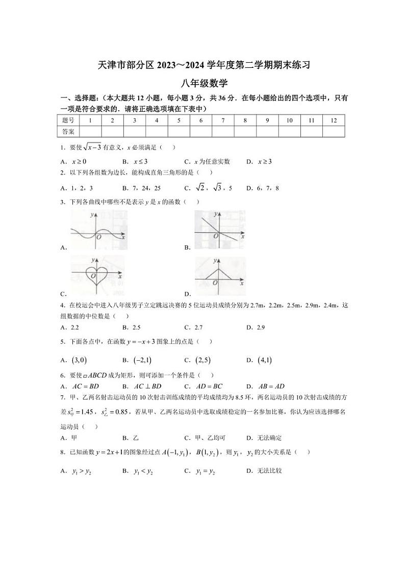 [数学][期末]天津市蓟州区等5地2023～2024学年八年级下学期期末数学试题(无答案)第1页