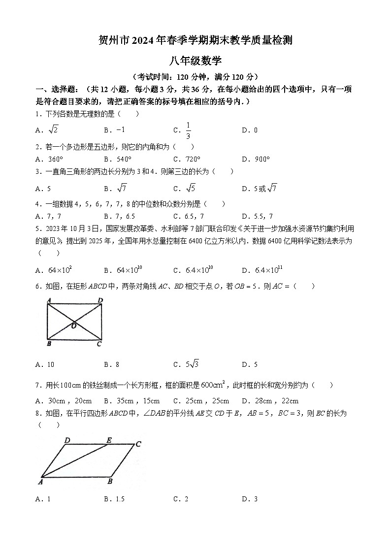 广西壮族自治区贺州市2023-2024学年八年级下学期期末数学试题01