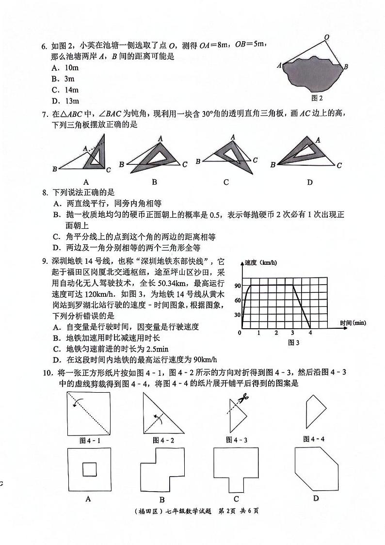广东深圳福田区2024年七年级下学期期末考试数学试卷第2页