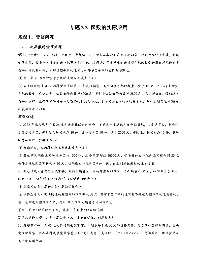 中考数学一轮复习专题3.3函数的实际应用(91题)(原卷版+解析)第1页