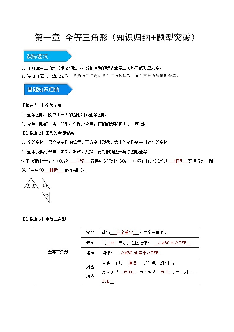 第一章 全等三角形（知识归纳+题型突破）（原卷版）第1页