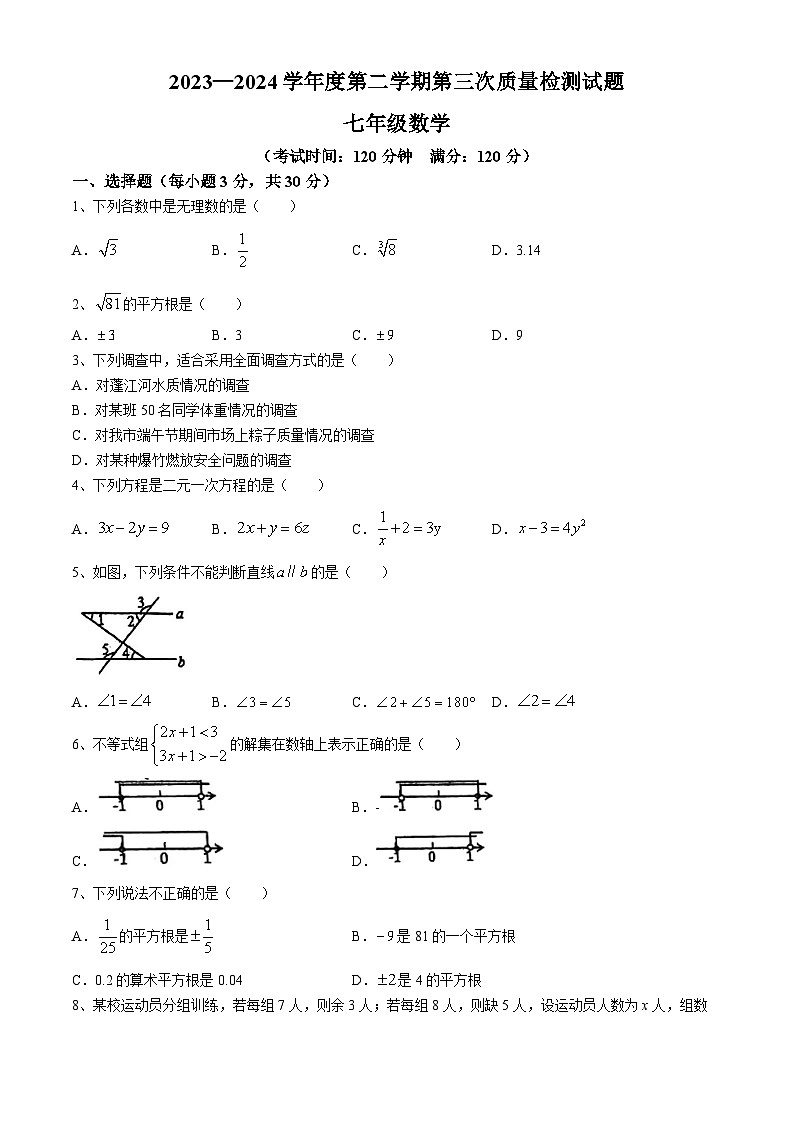 广东省江门市陈白沙中学2023-2024学年七年级下学期第三次月考数学试题(无答案)01