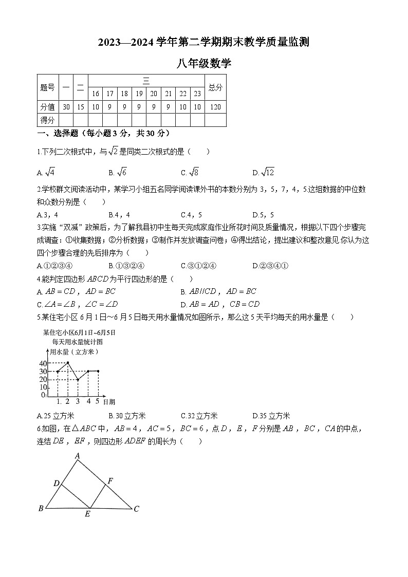 河南省许昌市襄城县2023-2024学年八年级下学期期末数学试题01