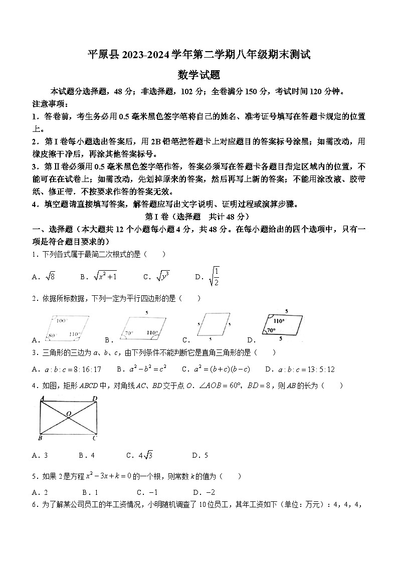 山东省德州市平原县2023-2024学年八年级下学期期末数学试题第1页