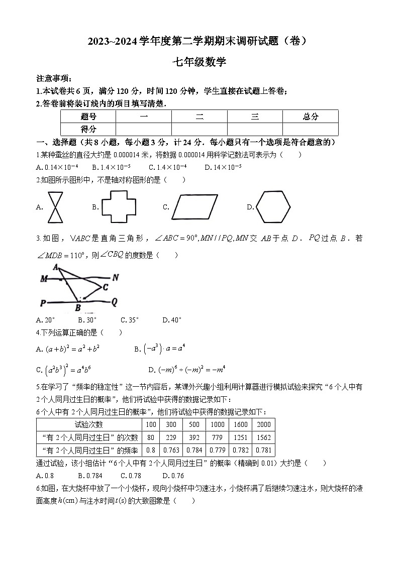 陕西省咸阳市永寿县上邑乡部分学校2023-2024学年七年级下学期期末数学试题(无答案)第1页