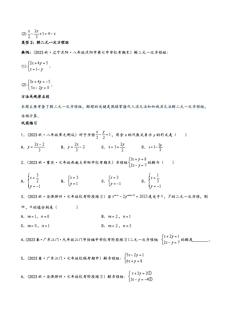 中考数学一轮大单元复习2.1突破训练：方程(组)定义及解法类型题举例(原卷版+解析)第3页