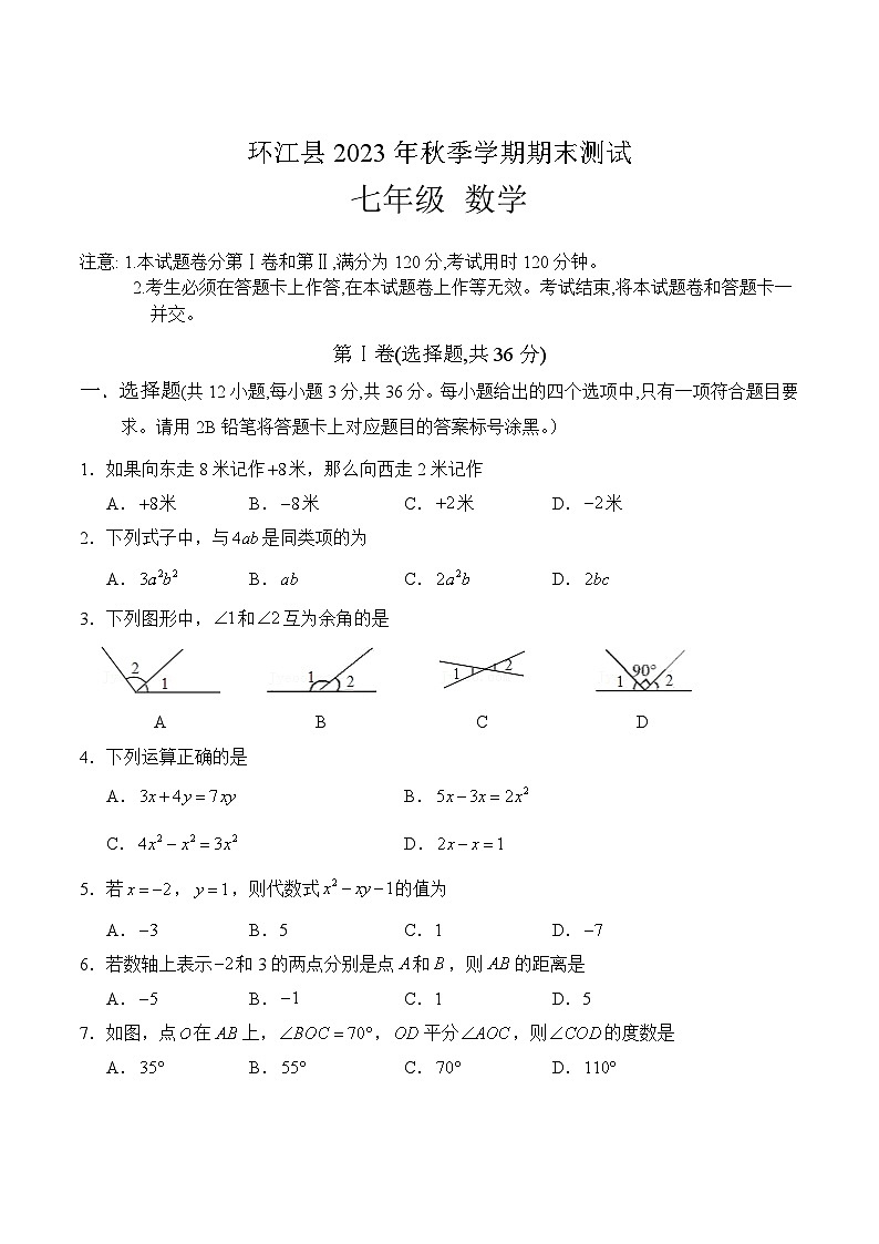 广西河池市环江县2023-2024学年七年级上学期期末测评数学试卷(含答案)第1页