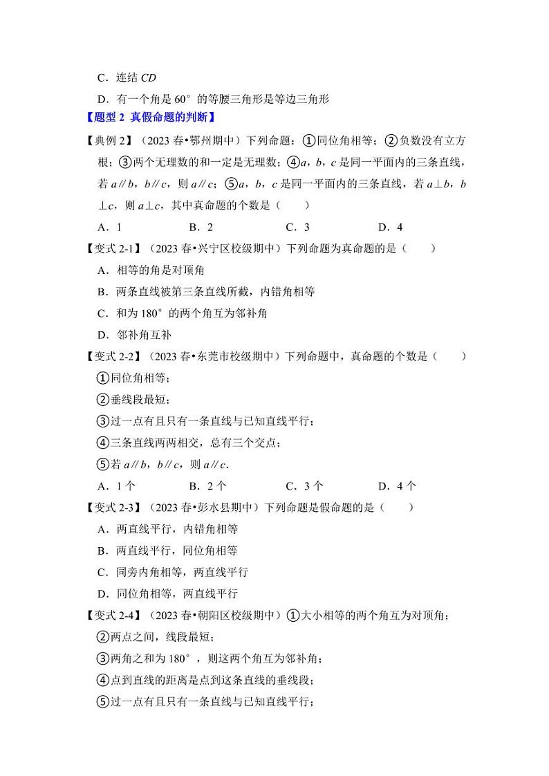 第02讲定义与命题（知识解读+真题演练+课后巩固）（含答案）2023-2024学年八年级数学上册《知识解读•题型专练》（浙教版）02