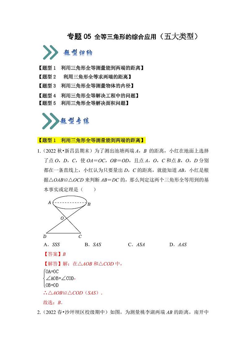 专题05全等三角形的综合应用（五大类型）（题型专练）（含答案）2023-2024学年八年级数学上册《知识解读•题型专练》（浙教版）01