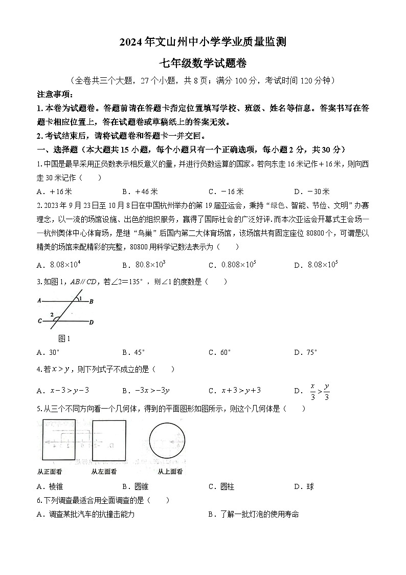 云南省文山壮族苗族自治州2023-2024学年七年级下学期期末数学试题(无答案)01