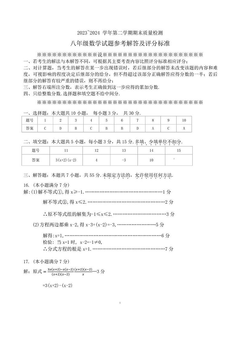 广东深圳市盐田区2024年八年级下学期期末考试数学试卷+答案01