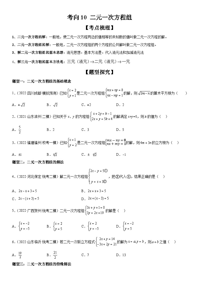 中考数学一轮复习考点（全国通用）考向10 二元一次方程组专题特训（含答案）第1页