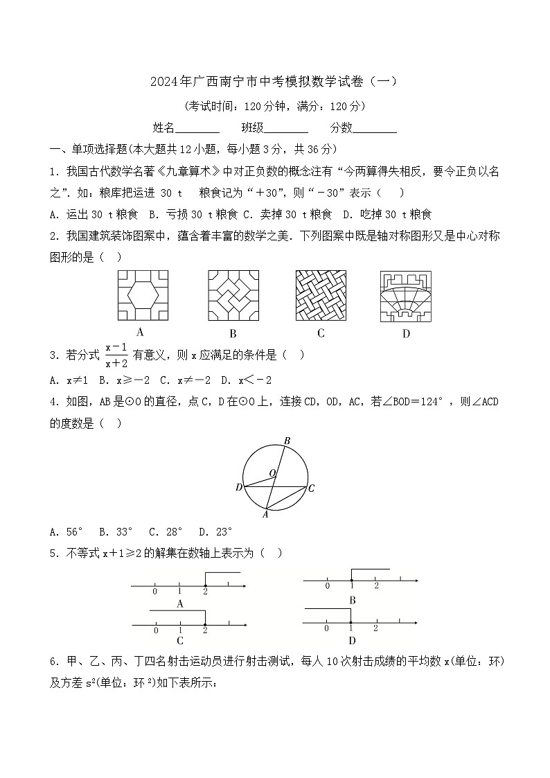 2024年广西南宁市中考模拟数学试卷（一）01