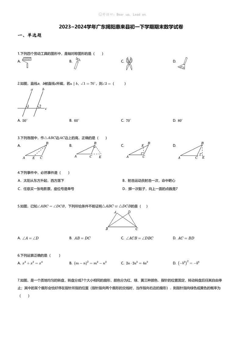 [数学][期末]2023_2024学年广东揭阳惠来县初一下学期期末数学试卷01