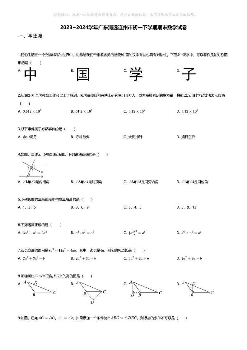 [数学][期末]2023_2024学年广东清远连州市初一下学期期末数学试卷01
