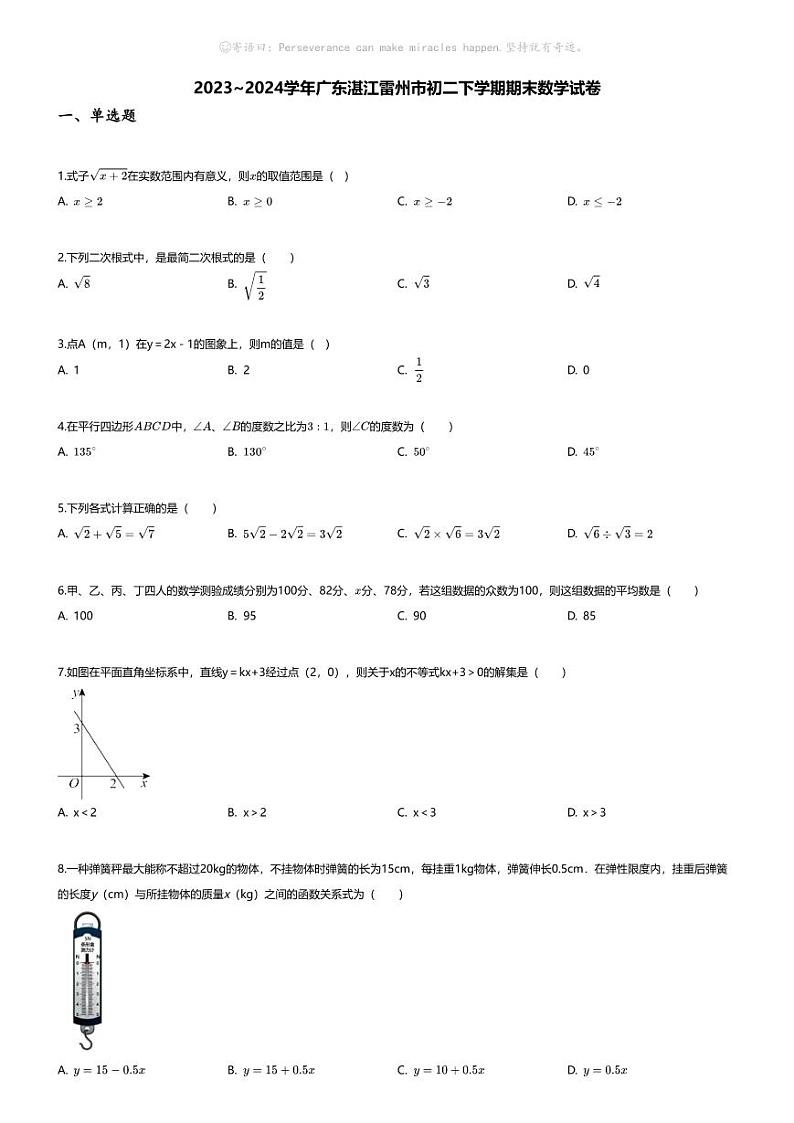 [数学][期末]2023_2024学年广东湛江雷州市初二下学期期末数学试卷01