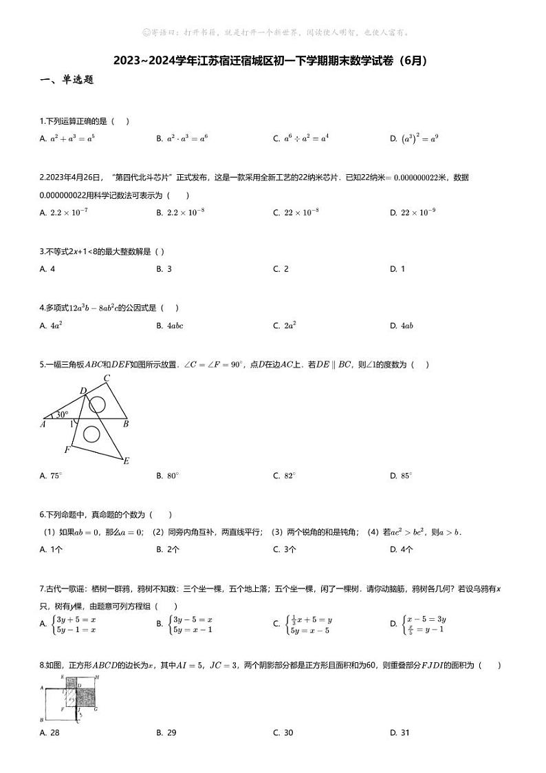 [数学][期末]2023_2024学年江苏宿迁宿城区初一下学期期末数学试卷(6月)01
