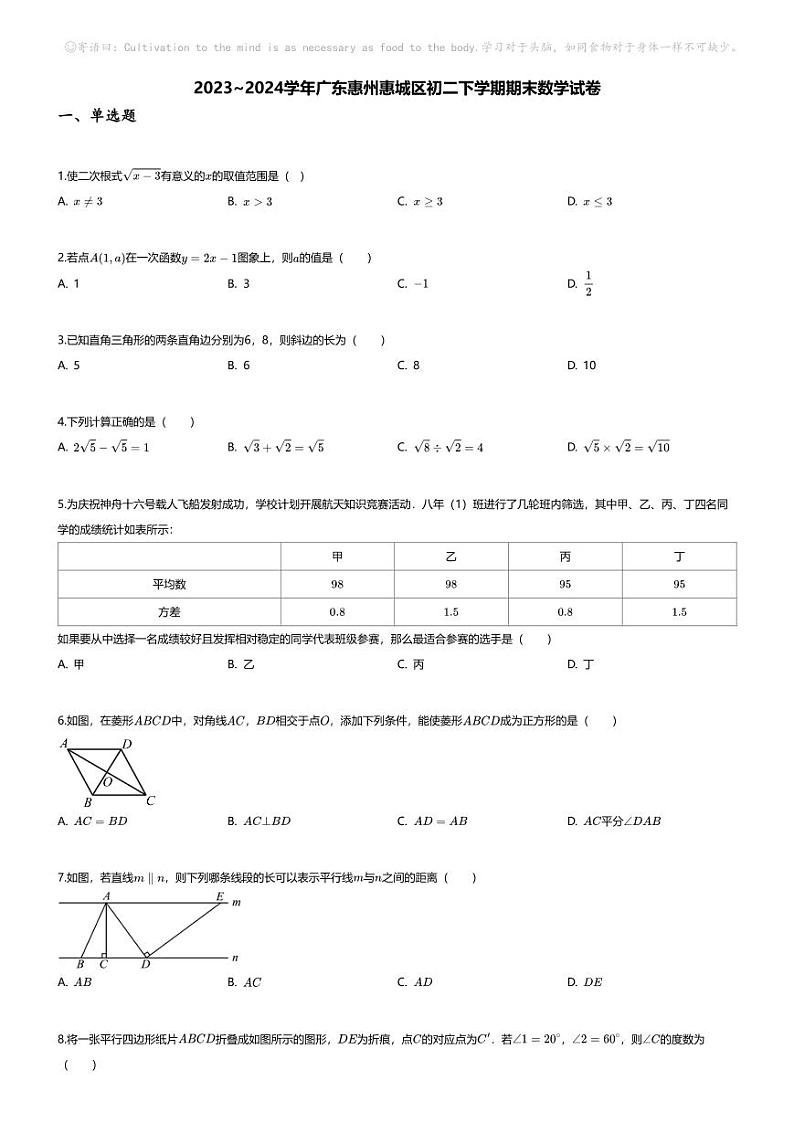 [数学][期末]2023_2024学年广东惠州惠城区初二下学期期末数学试卷第1页