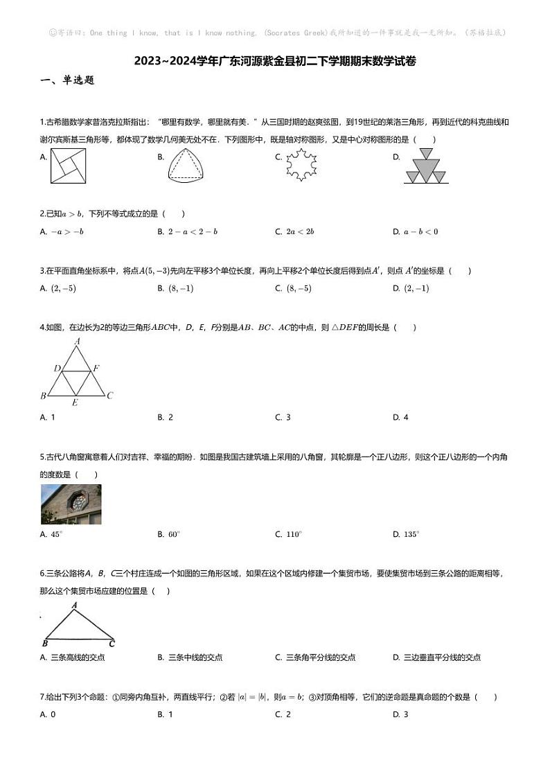 [数学][期末]2023_2024学年广东河源紫金县初二下学期期末数学试卷01
