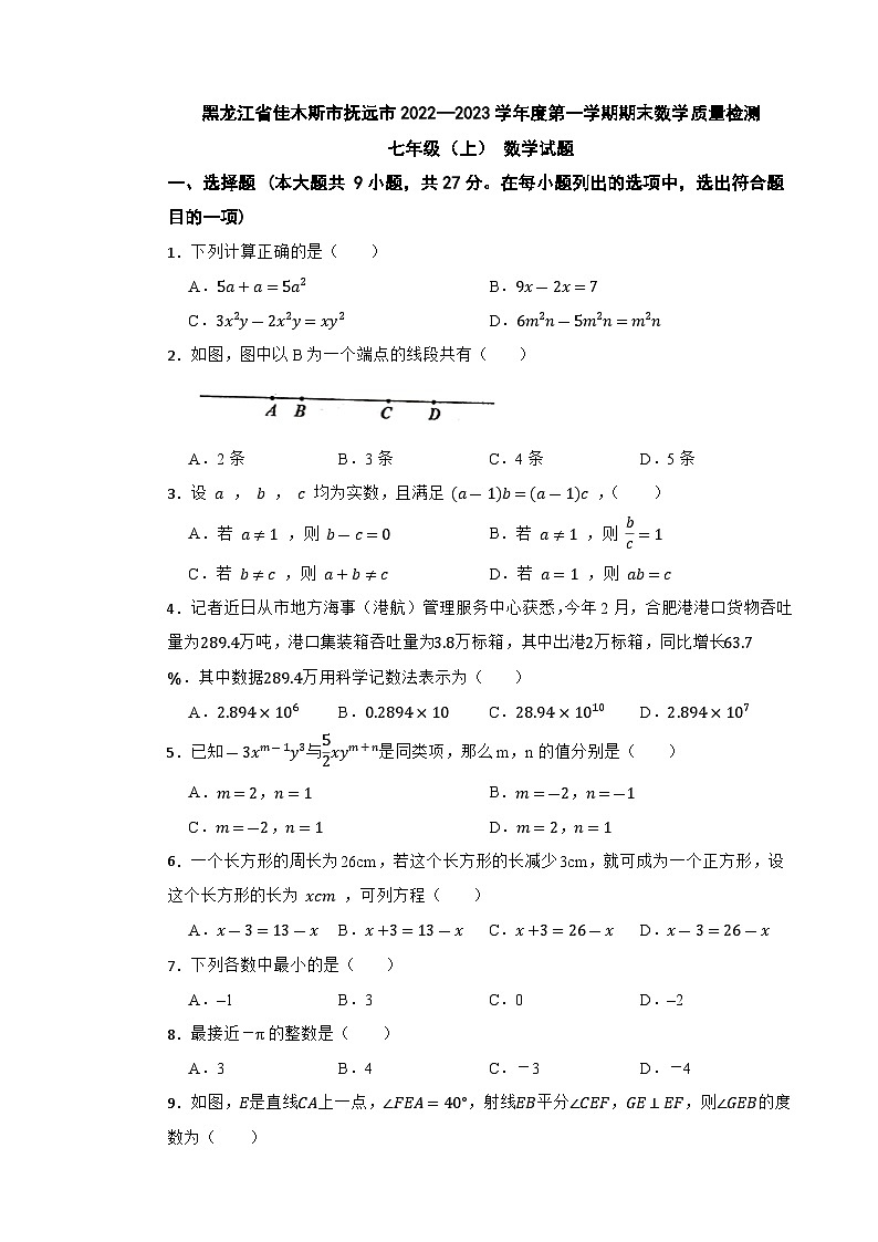 黑龙江省佳木斯市抚远市2022—2023学年上学期期末数学质量检测七年级  数学试题01