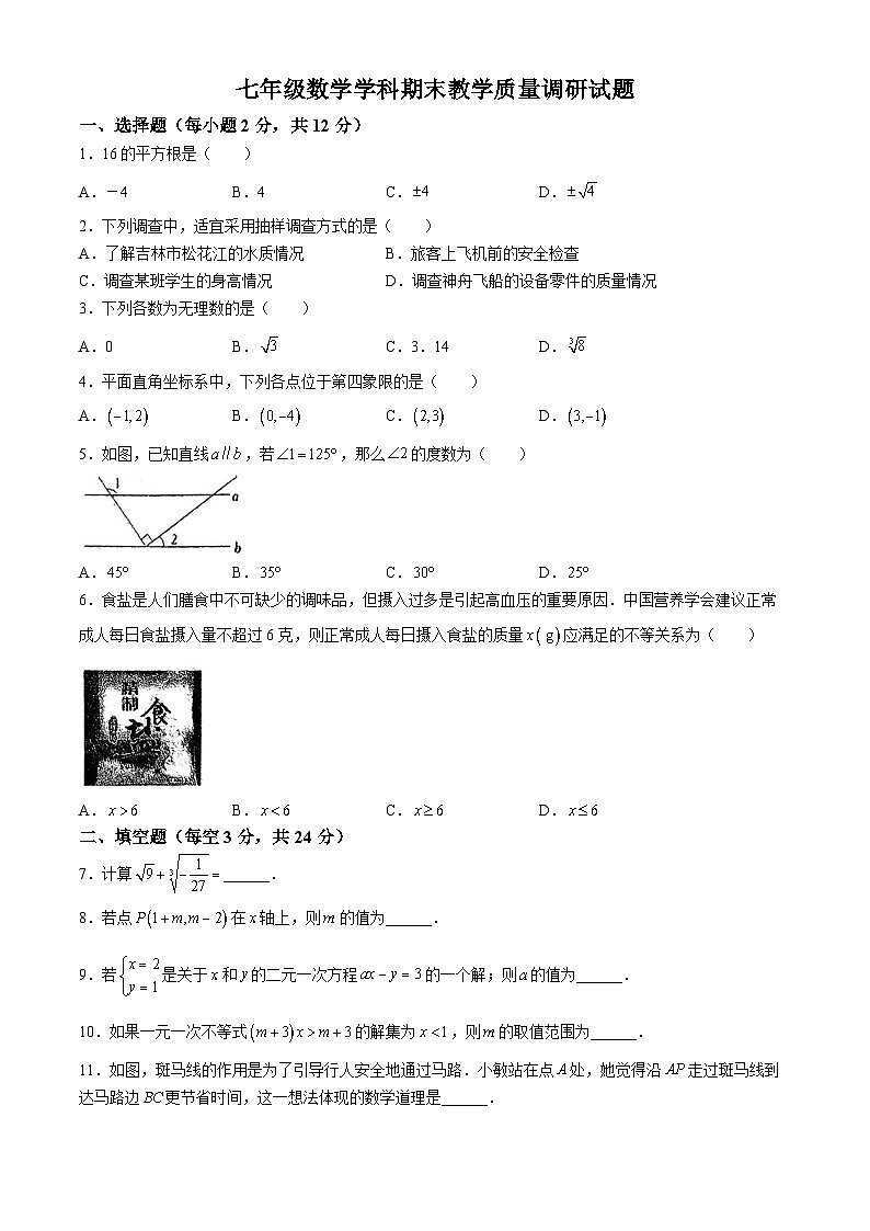 吉林省吉林市第七中学校2023-2024学年七年级下学期期末数学试题(无答案)第1页