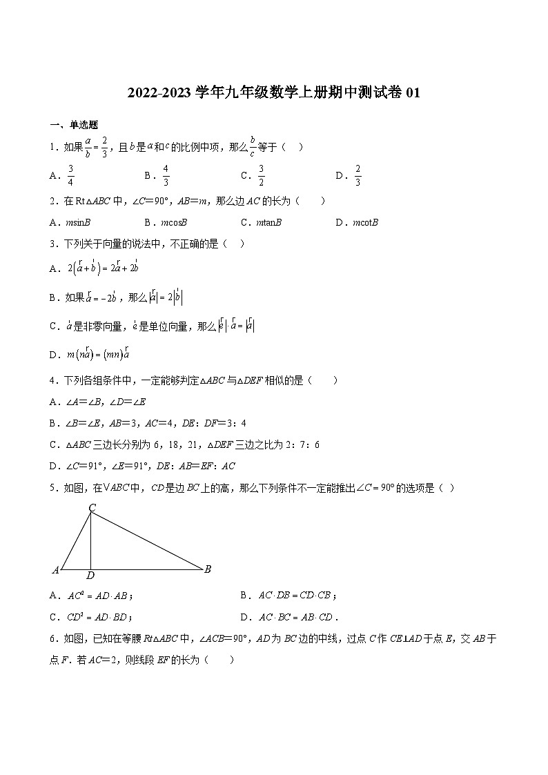 沪教版九年级数学上册期中期末挑战满分冲刺卷期中测试卷01(原卷版+解析)01