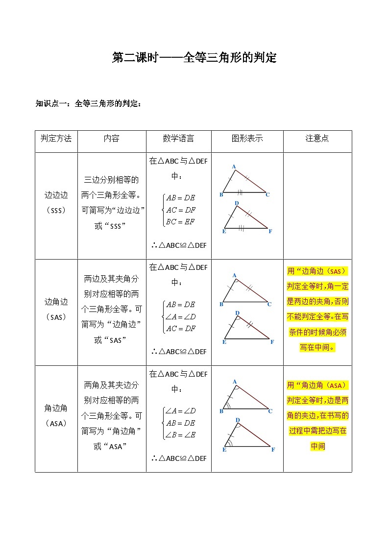 人教版八年级数学上册同步精品课堂知识清单第2课时全等三角形的判定(原卷版+解析)01