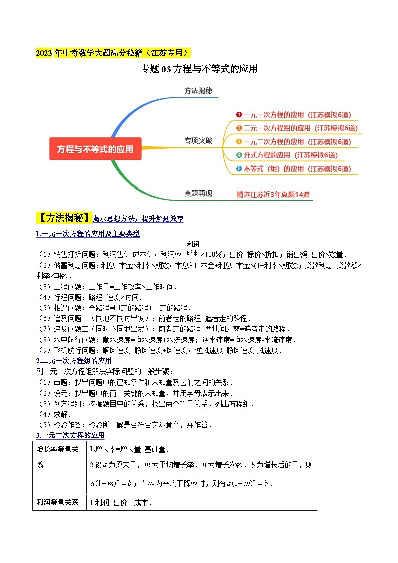 中考数学大题高分秘籍【江苏专用】专题03方程与不等式的应用(原卷版+解析)第1页