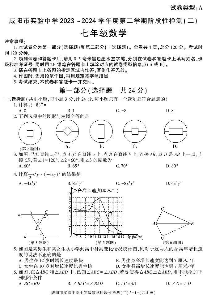 陕西省咸阳市实验中学2023-2024学年七年级下学期阶段性检测（二）数学试卷(PDF版、含答案)第1页