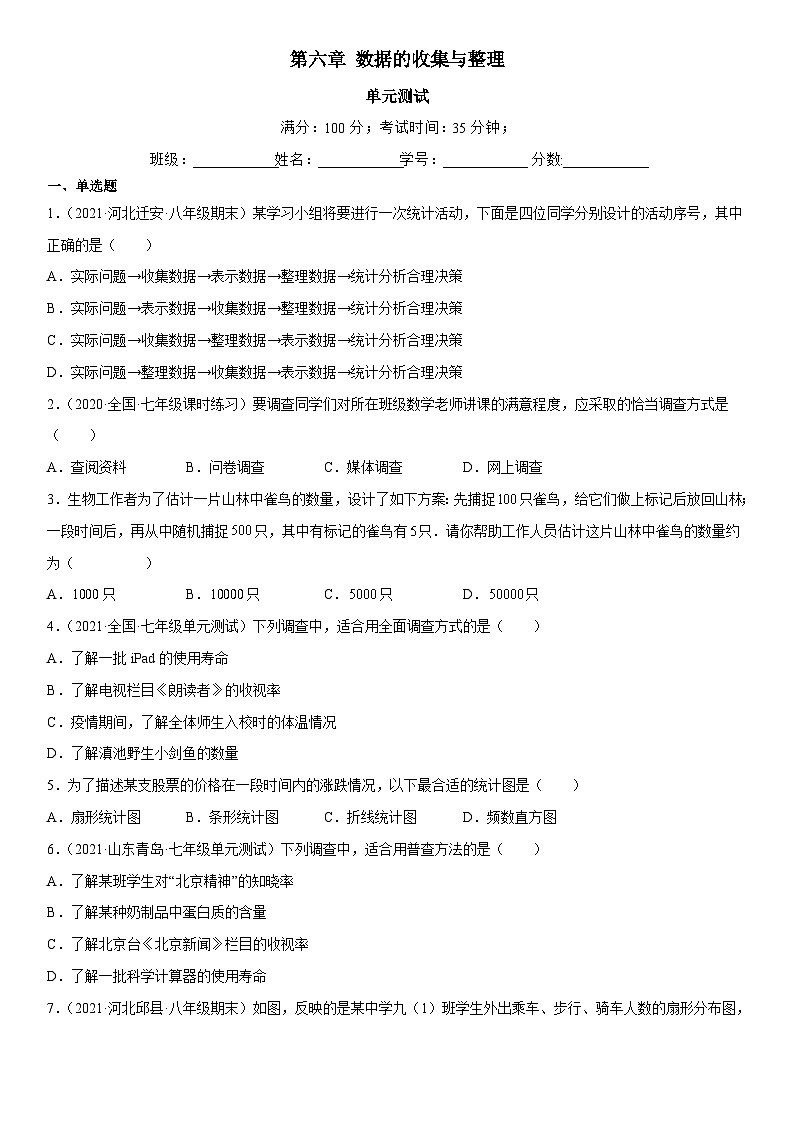 北师大版七年级数学上册同步精品课堂第六章数据的收集与整理(单元测试)(原卷版+解析)01