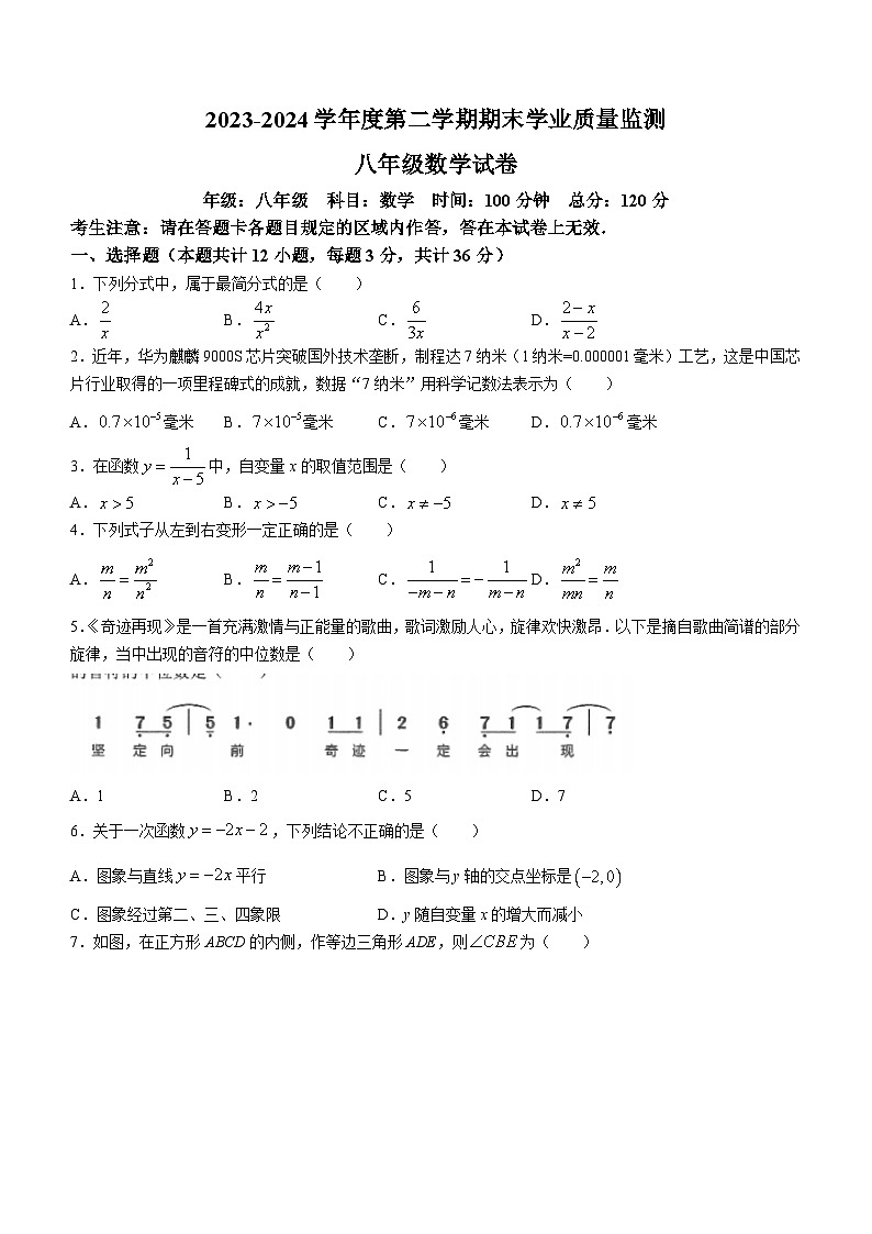 海南省省直辖县级行政单位陵水黎族自治县2023-2024学年八年级下学期期末数学试题第1页