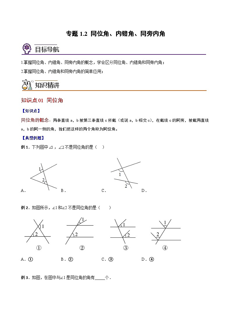 浙教版七年级数学下册同步精品讲义专题1.2同位角、内错角、同旁内角(学生版+解析)01