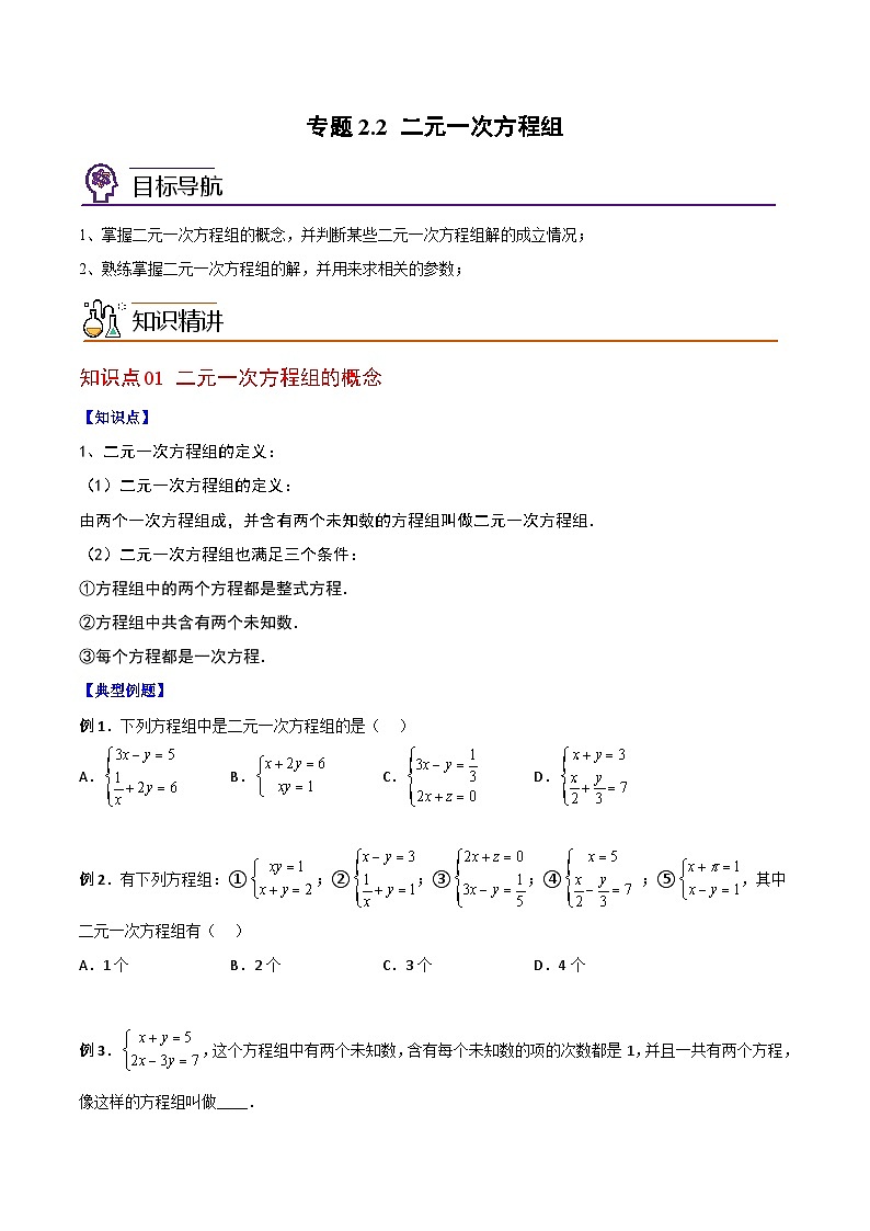 浙教版七年级数学下册同步精品讲义专题2.2二元一次方程组(学生版+解析)01